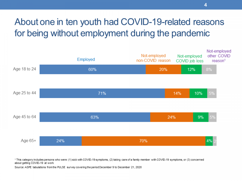 Slide 4. Six out of ten youth live in households experiencing a loss of employment income after COVID-19 This slide presents a horizontal stacked-bar chart showing four bars representing different age groups tabulated from the Census Bureau’s Pulse survey.  Each horizontal bar displays the percentages of persons who were (1) employed, (2) not-employed for reasons unrelated to COVID-19, (3) not-employed because of a COVID-related job loss, and (4) not-employed because of another COVID-related reason not directly related to employment such as being sick with COVID-19 symptoms, taking care of a family member with COVID-19 symptoms, or concerned about getting COVID-19 at work. The data presented are from the Census Bureau’s PULSE survey collected between December 9 and December 21, 2020. •	The percent of persons employed was 60 percent for youth age 18 to 24 compared to 71 percent for persons age 25 to 44, 63 percent for persons age 45 to 64, and 24 percent for persons age 65 and older. •	The percent of youth who were not-employed for a non-COVID-19 reason was 20 percent compared to 14 percent for persons age 25 to 44, 24 percent for persons age 45 to 64, and 70 percent for persons age 65 and older. •	The percent of youth who were not-employed because of a COVID-related job loss was 12 percent, compared with 10 percent for persons age 25 to 44, 9 percent for persons age 45 to 64, and 4 percent for persons age 65 and older. •	The percent of youth who were not-employed for another COVID reason was 8 percent, compared to 5 percent of persons age 25 to 44, 5 percent for persons age 40 to 64, and 2 percent for persons age 65 and older.